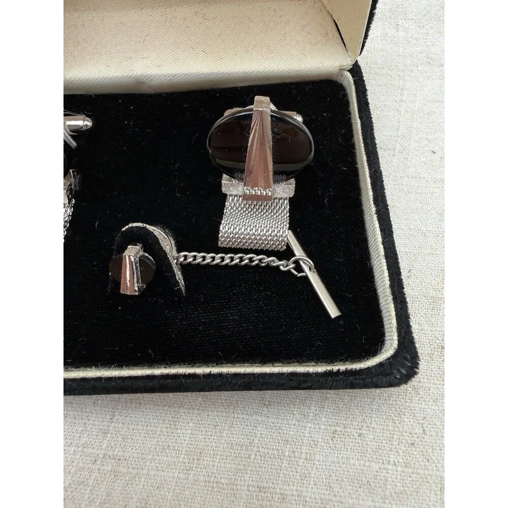 Vintage Dante Onyx Cufflinks Tie Tack Set Silver Tone Mesh Wrap w Box